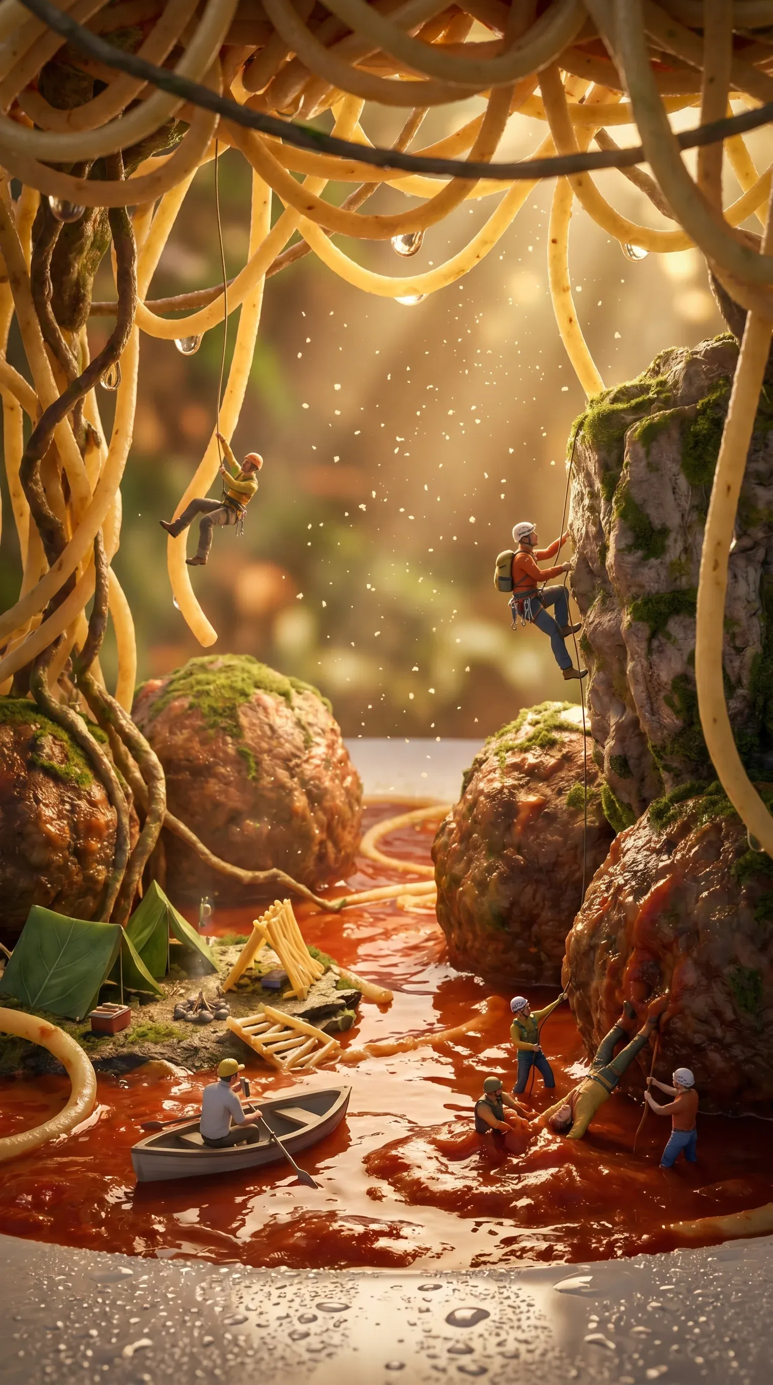 Miniature climbers rappelling down strands of spaghetti hanging between giant meatball mountains over a marinara sauce river, tiny figures rowing a wooden boat through the sauce