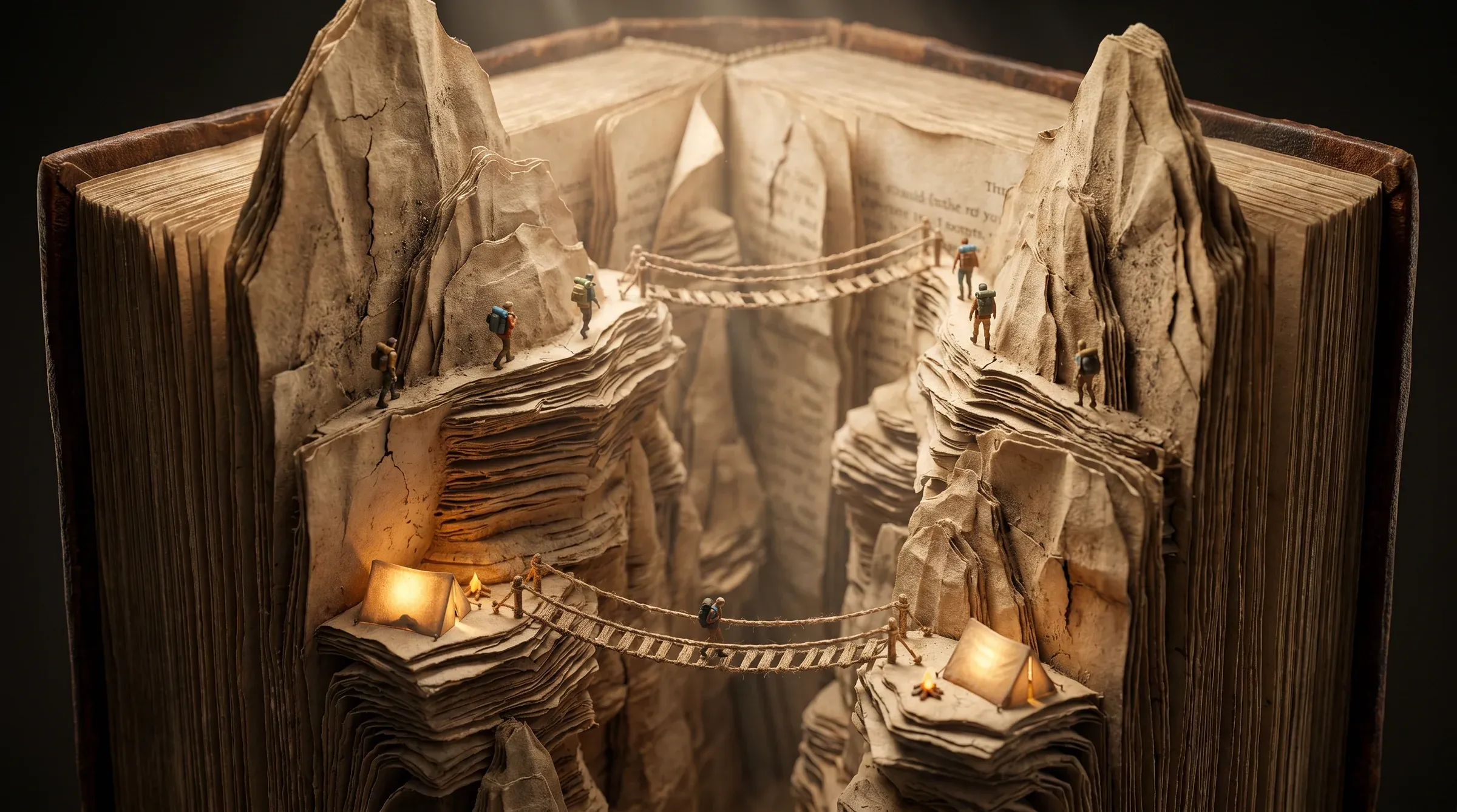Open antique leather book with paper pages sculpted into vertical mountain cliffs and ravines, tiny adventurers crossing rope bridges between the paper peaks lit by miniature lanterns
