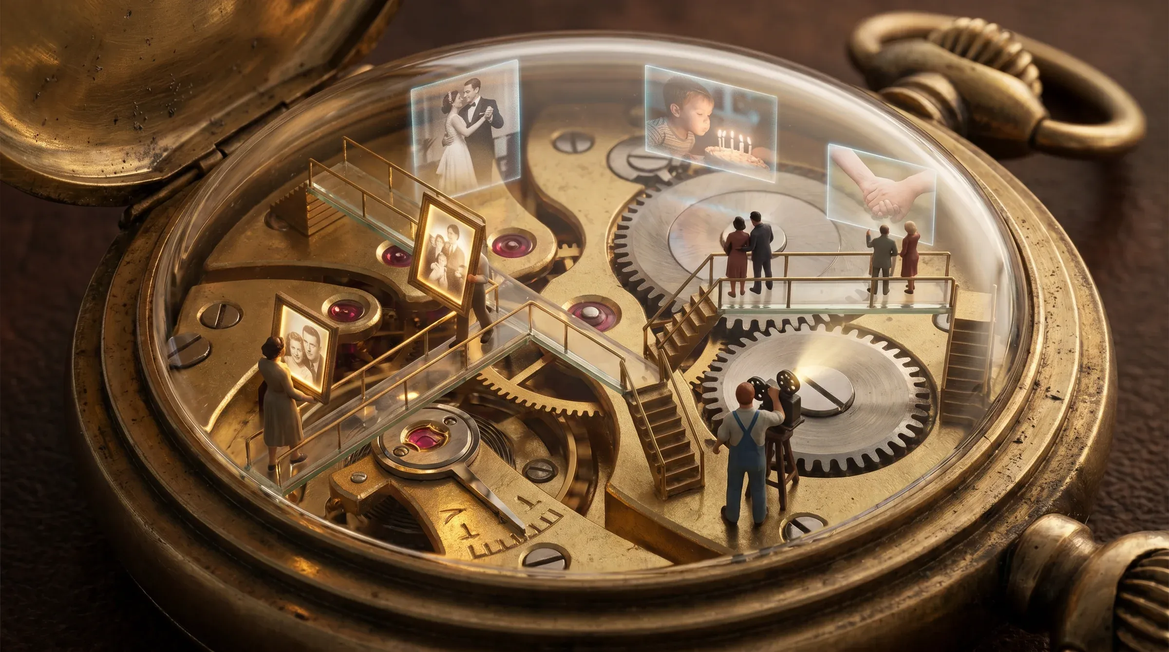 Open antique gold pocket watch with miniature people inside walking gangways between gears, framed family photographs floating above, tiny photographer setting up a tripod on a gear