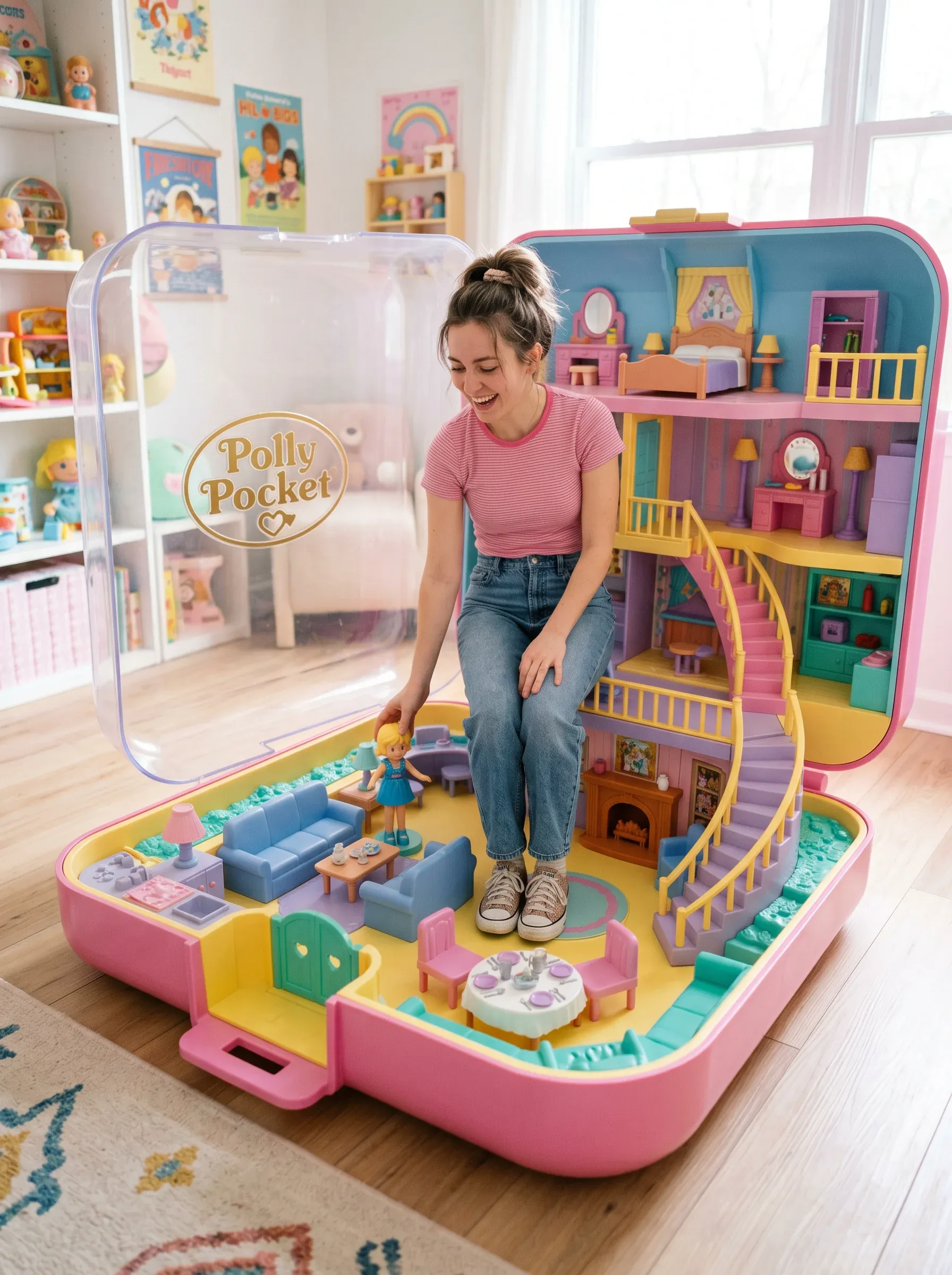 Smiling woman in pink t-shirt and jeans sitting cross-legged inside a giant translucent Polly Pocket play set in a pastel toy room, with tiny doll figures on the slide and around the cake