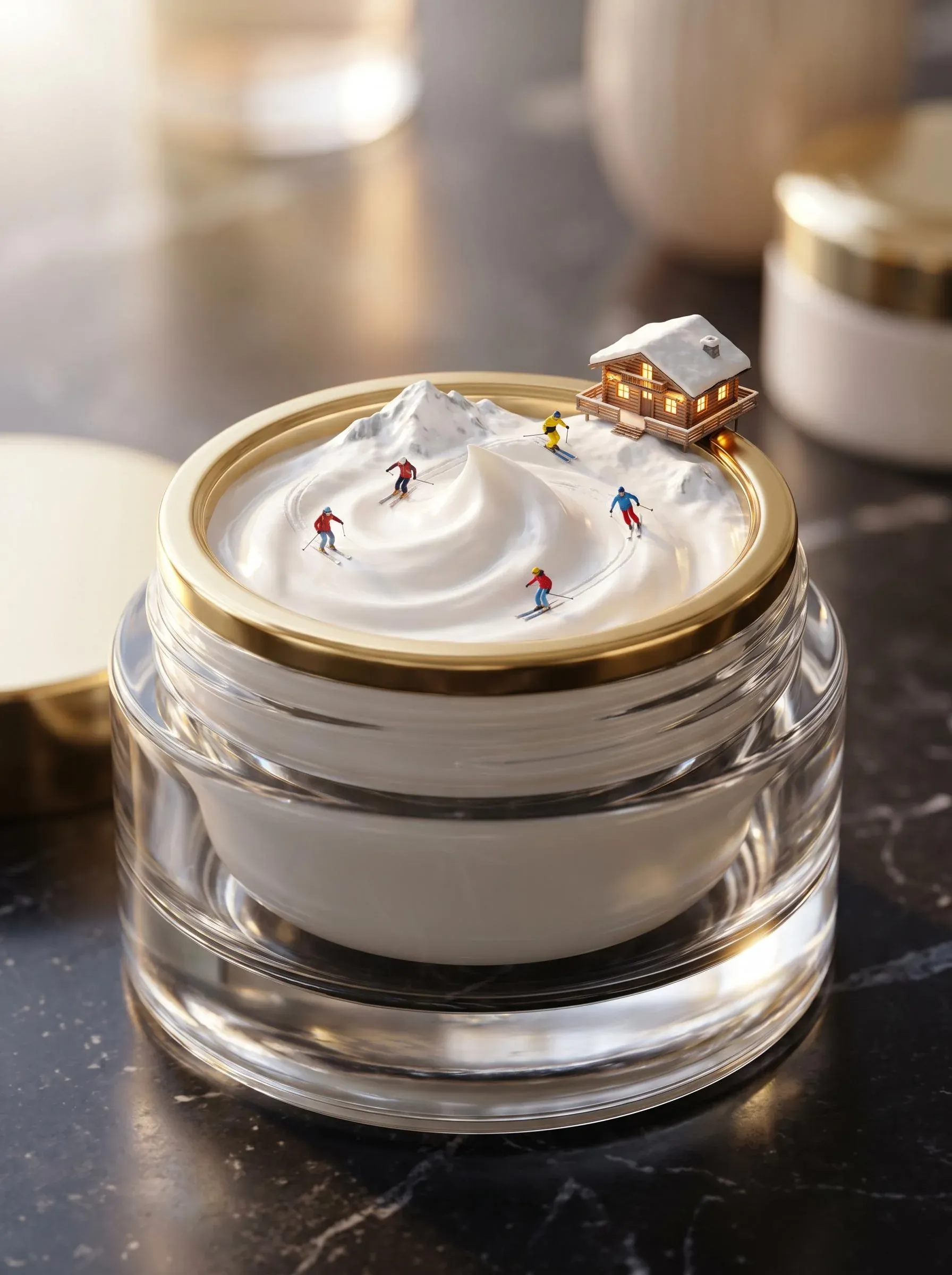 Open luxury cream jar on a black marble counter with a tiny alpine ski resort sculpted into the swirled cream surface - skiers carving tracks, wooden chalet on the rim, snowy peaks