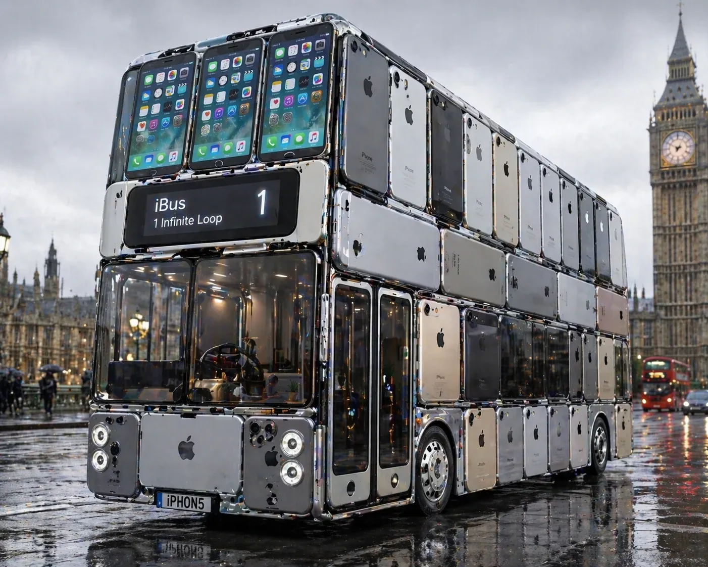 London double-decker bus assembled entirely out of stacked iPhones, with iBus 1 Infinite Loop destination display, parked on a rainy Westminster street with Big Ben in the background