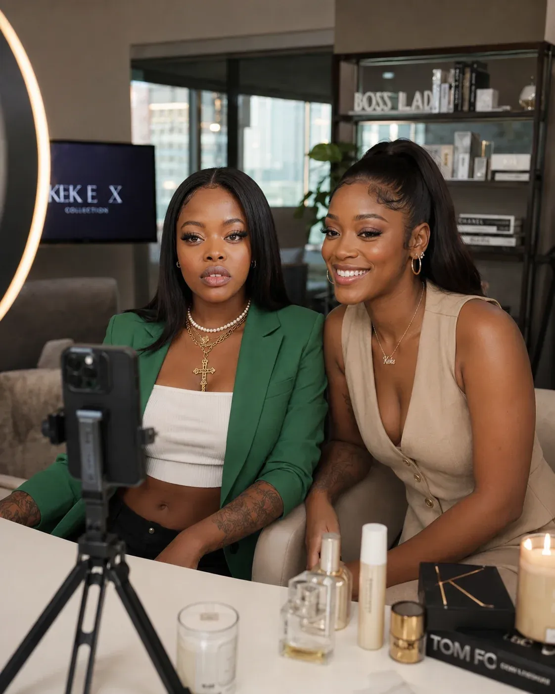 AI-generated celebrity collaboration scene showing Christelle Thelus's AI influencer character posing or interacting with a recognisable celebrity figure