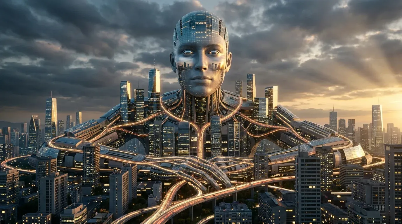 Giant humanoid figure built from wiring, antennas and apartment buildings standing in the middle of a city skyline at sunset, head and body fused with skyscrapers, dramatic clouds