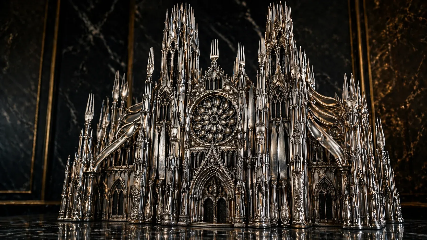 Photoreal gothic cathedral facade sculpted entirely from polished silver forks and knives, with detailed rose window, pointed spires and arched doorway on dark marble