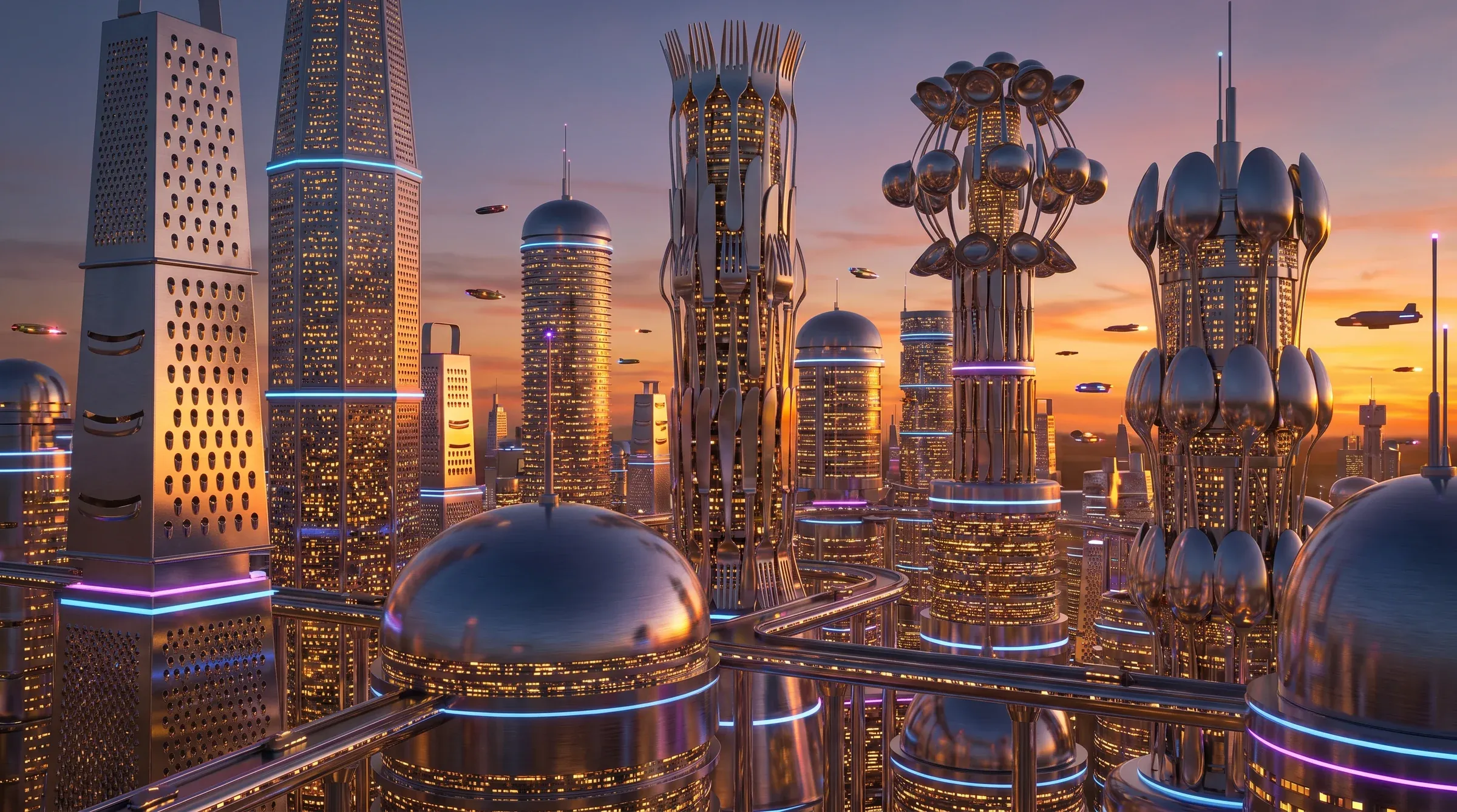 Futuristic neon-lit city skyline at sunset where every skyscraper is built from kitchen utensils - perforated colanders, whisks, ladles and forks rising as towers, flying vehicles between them