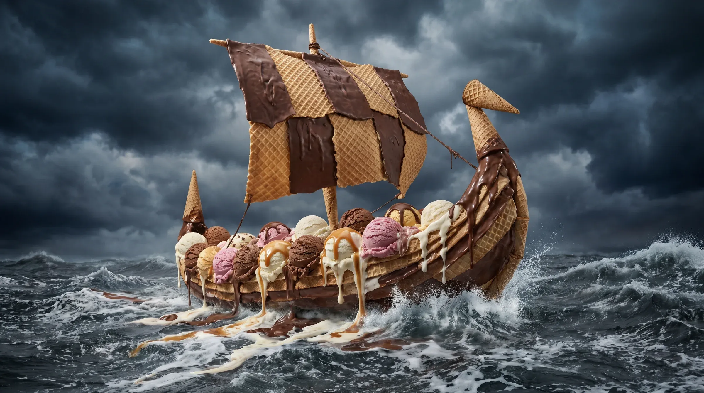 Viking longship constructed entirely out of ice cream and waffle cones sailing through a stormy grey sea, dripping chocolate and strawberry scoops along the hull, waffle sail rigged on a wooden mast
