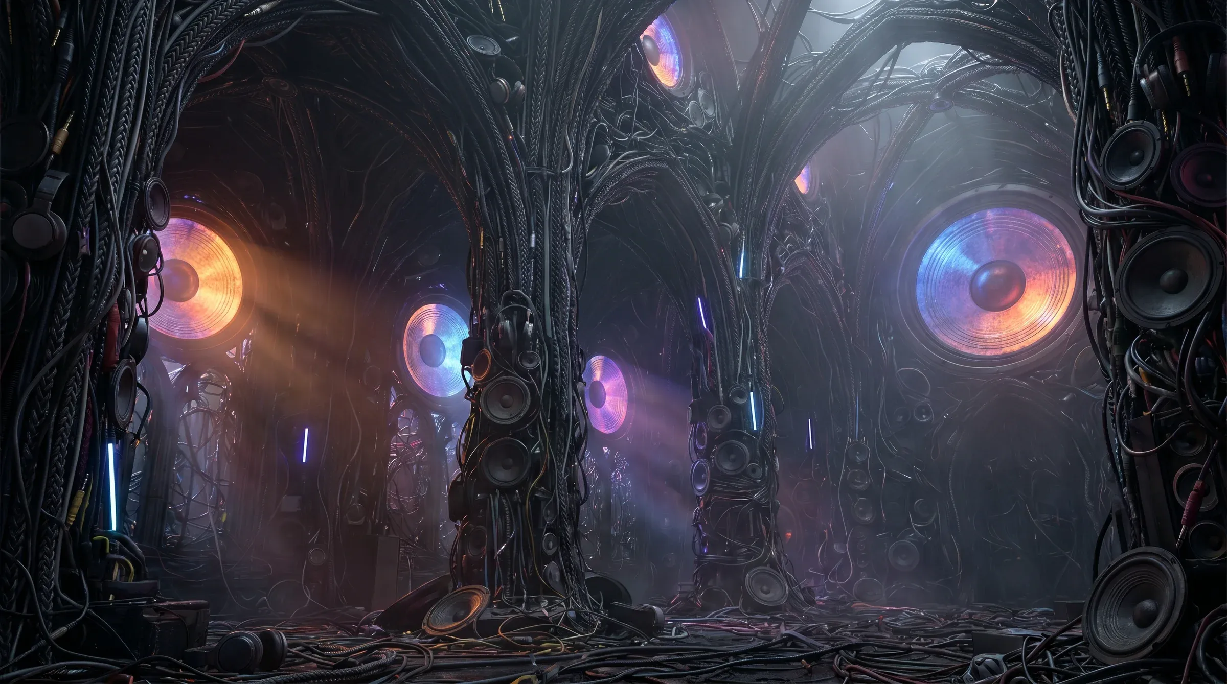 Cavernous gothic cathedral interior built entirely from audio speakers, subwoofers, amplifier stacks and glowing cables, with purple and orange light cones streaming through the arches