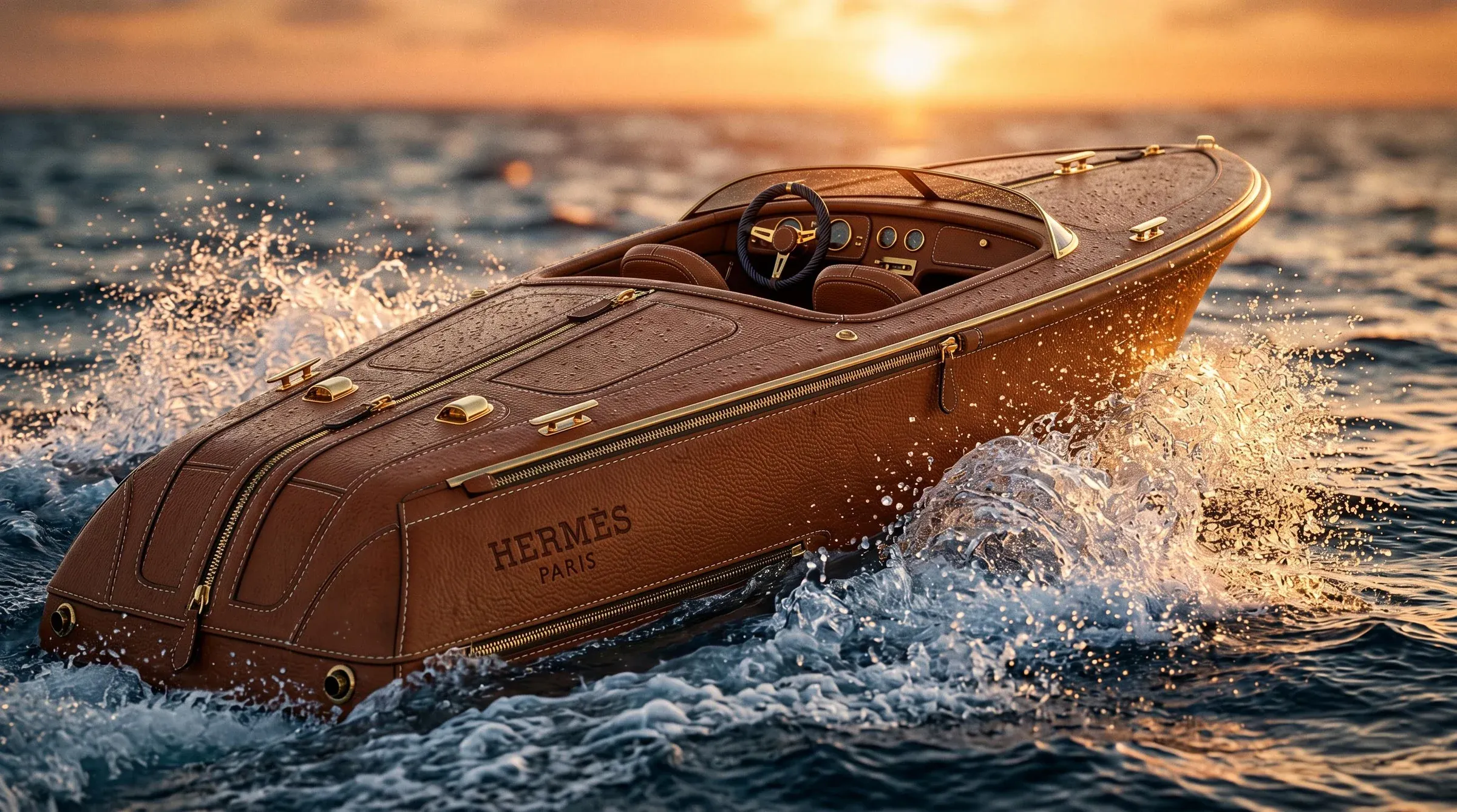 Hermes Paris-branded brown stitched-leather speedboat with brass zippers and gold steering wheel cruising through ocean spray at golden-hour sunset
