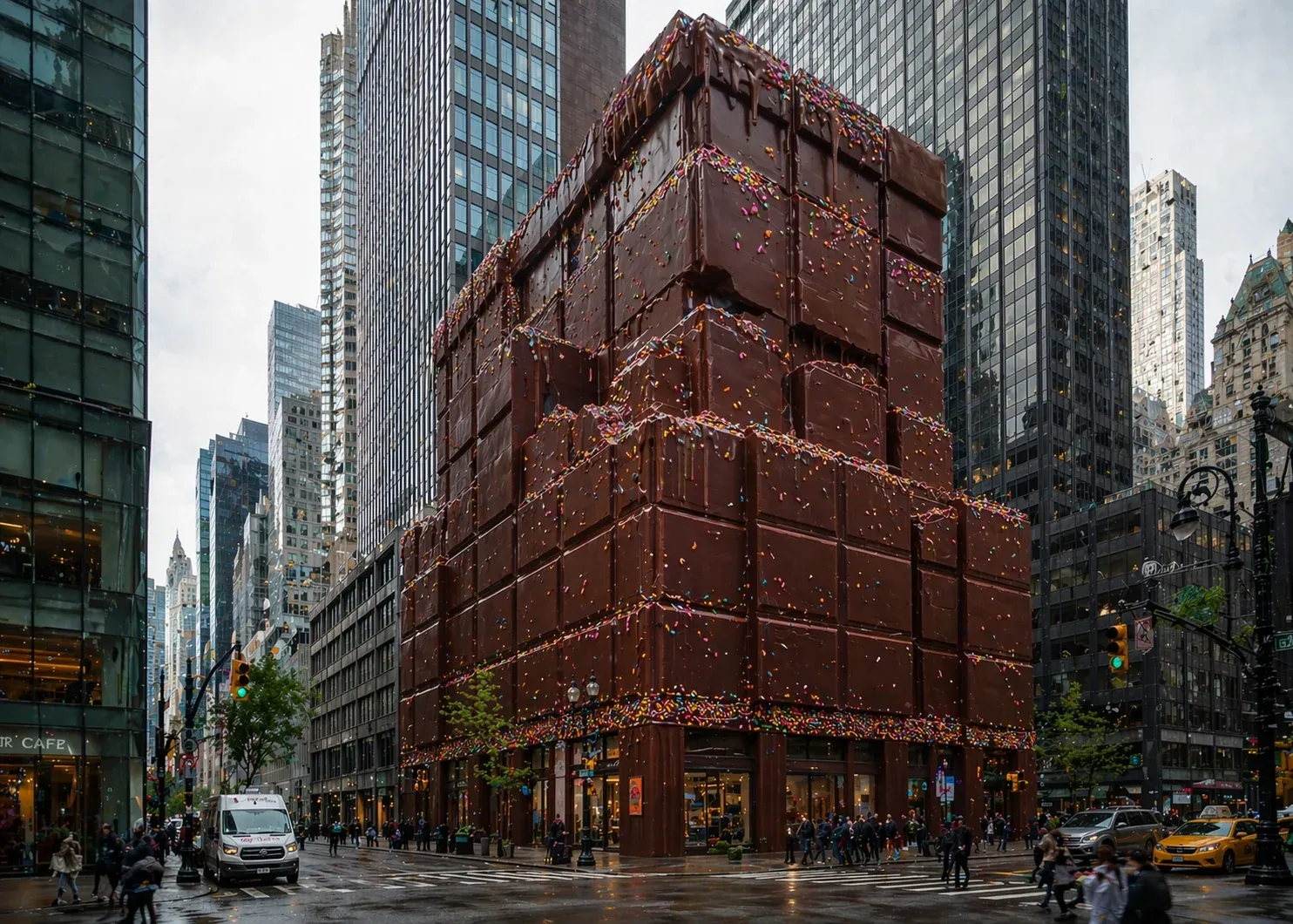 Photoreal flagship store on a Manhattan street corner with the entire multistorey building constructed from stacked giant chocolate bars sprinkled with colourful candy, taxis and pedestrians passing
