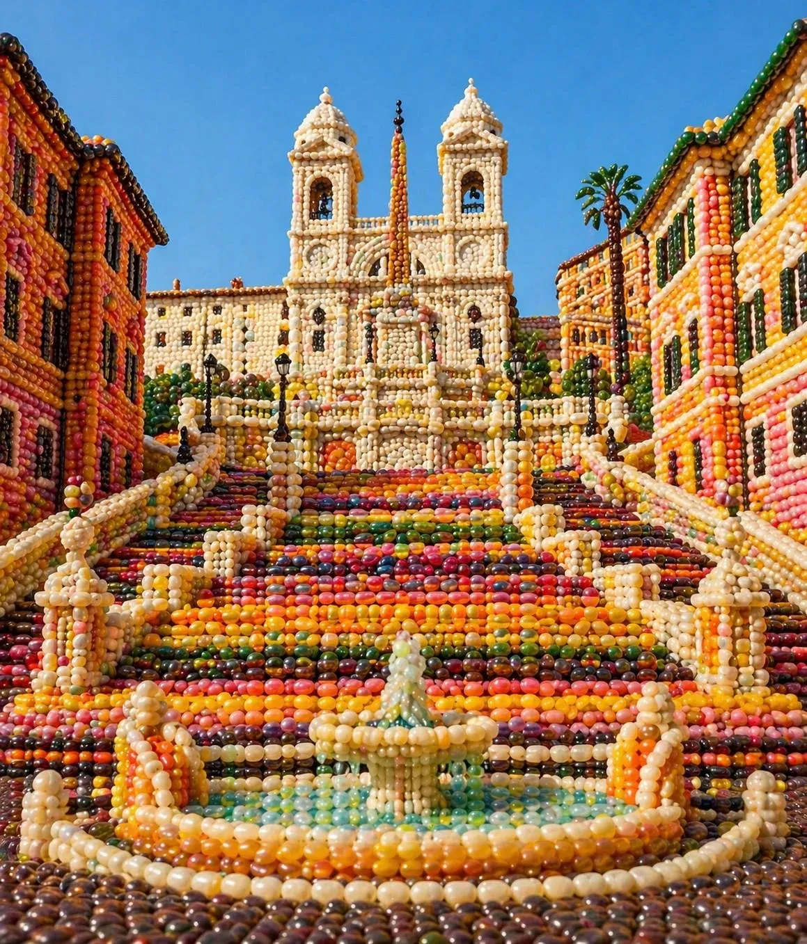 Photoreal Spanish Steps in Rome with the Trinita dei Monti church at the top, every step and the fountain rendered out of colourful candy gumballs and jelly beans in red, yellow, orange and pink