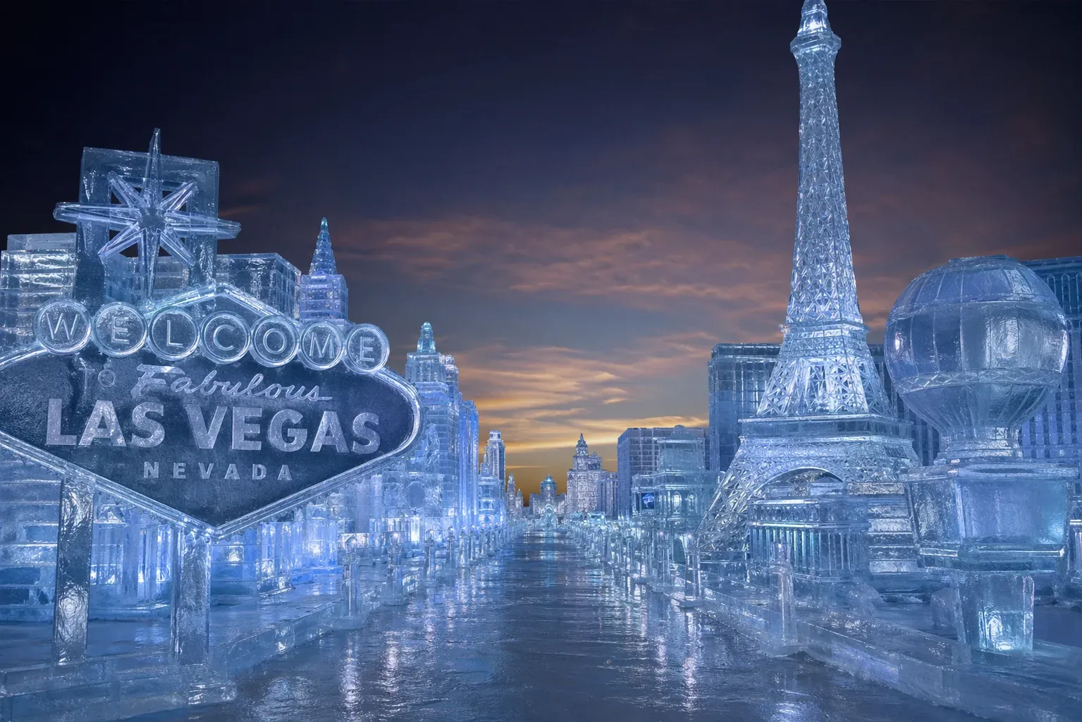 Photoreal Las Vegas Strip rendered entirely out of crystal-clear ice - icy Welcome to Fabulous Las Vegas sign, frozen Eiffel Tower replica, hot-air balloon and casinos under a frosty dawn sky