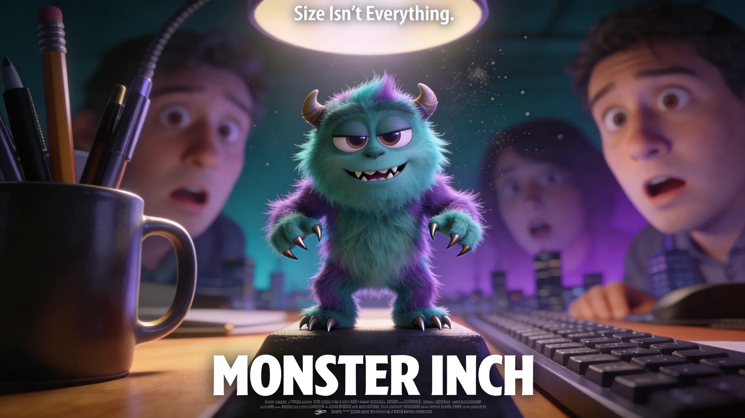Animated film poster Monster Inch featuring a tiny blue and purple horned cartoon monster standing on a keyboard between two giggling office workers under a thought bubble that reads Size Is Not Everything