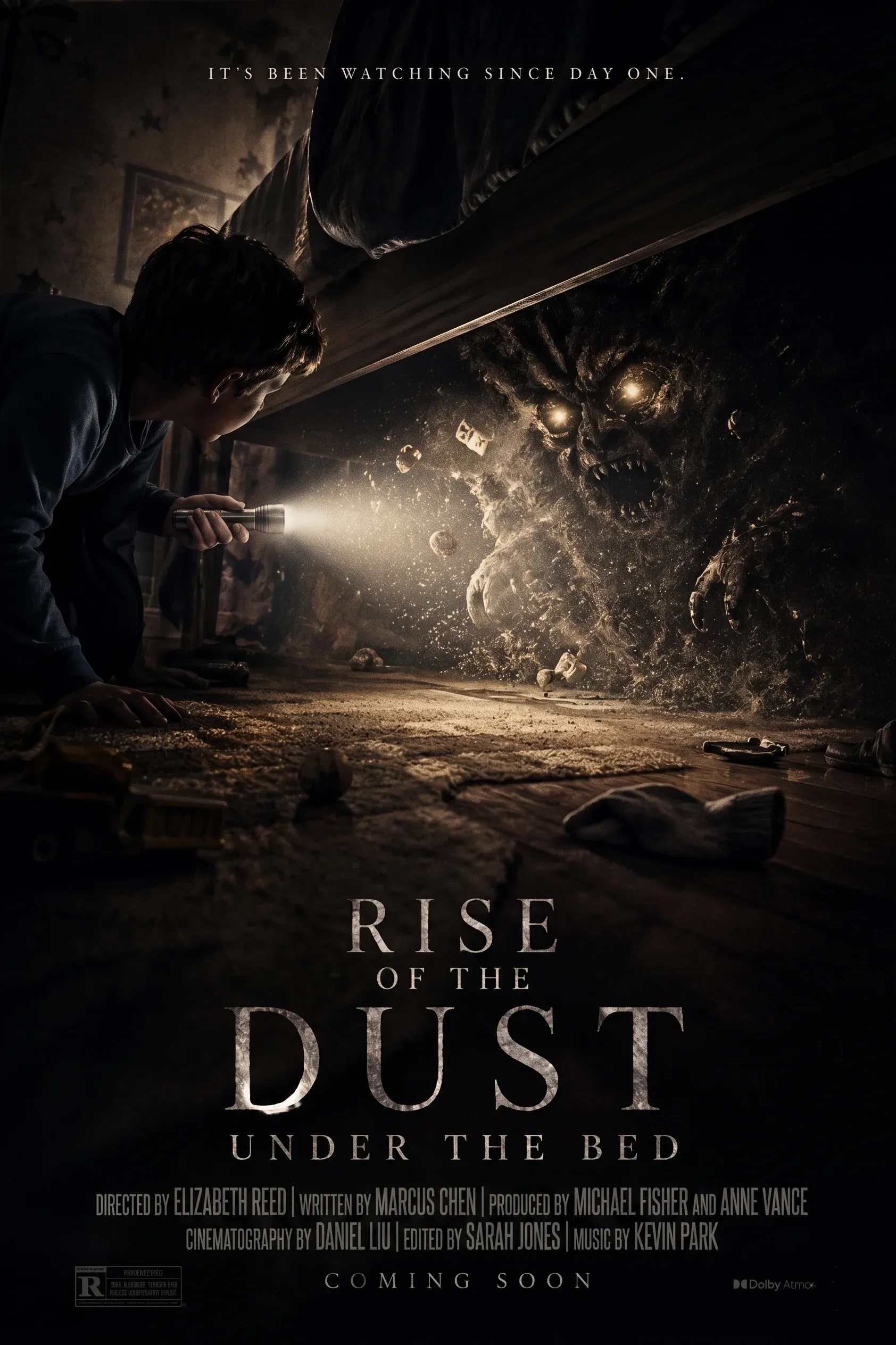 Horror movie poster Rise of the Dust Under the Bed showing a child with a flashlight peering under a bed at a monstrous glowing-eyed dust creature, full studio credits at the bottom