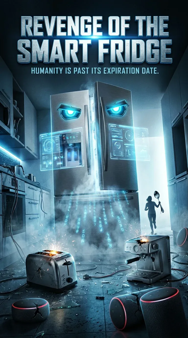 Horror movie poster Revenge of the Smart Fridge with two angry refrigerators glowing red and a teenager running through a dark kitchen at night, tagline Humanity is past its expiration date