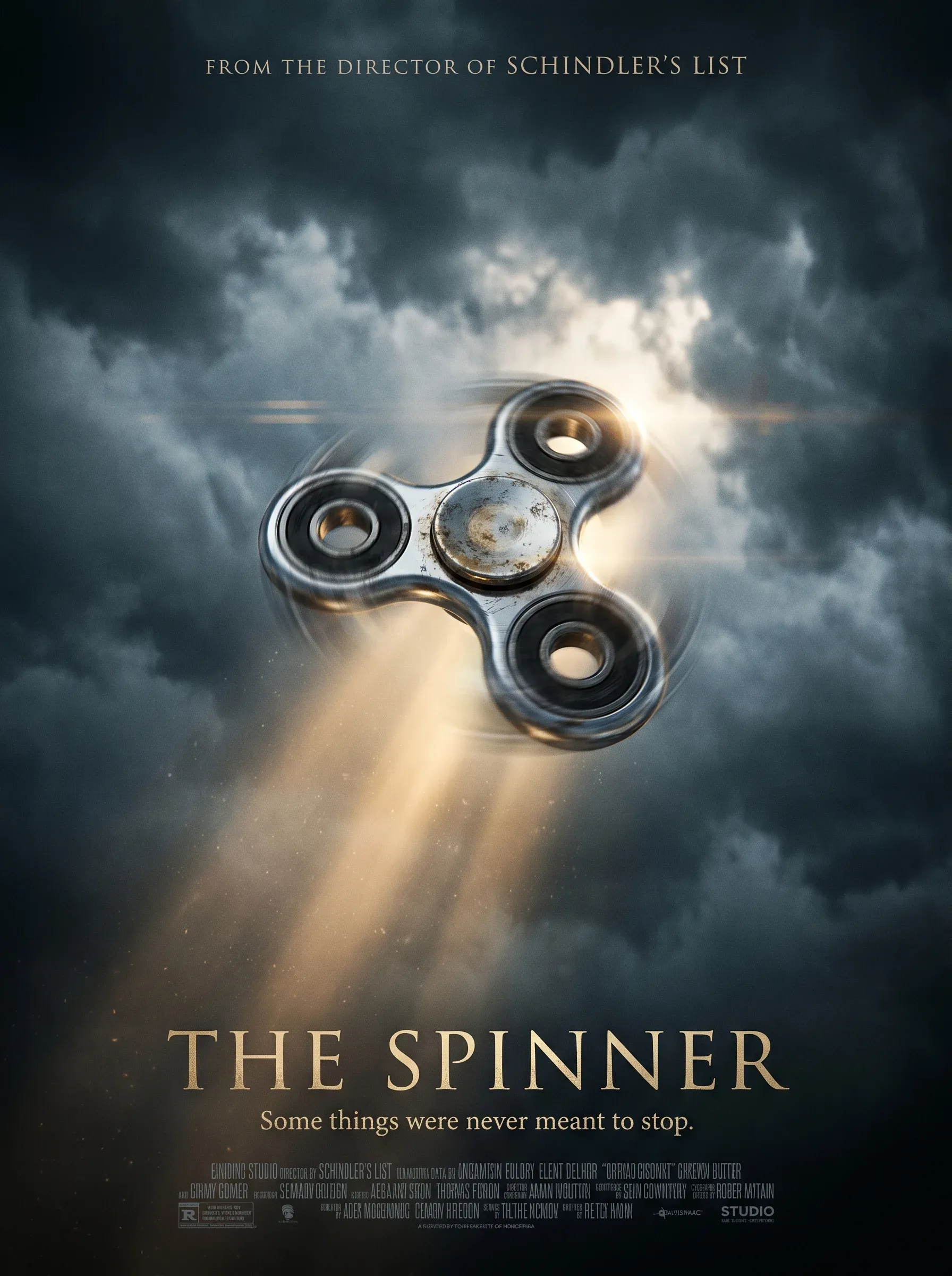 Cinematic movie poster The Spinner - From the director of Schindlers List, a chrome fidget spinner descending through dramatic clouds in a beam of light, tagline Some things were never meant to stop