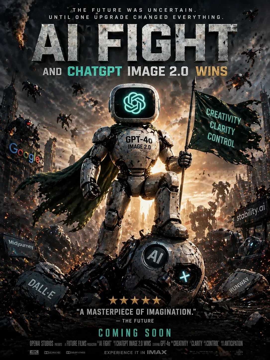 Sci-fi movie poster AI Fight and ChatGPT Image 2.0 Wins, robotic hero holding a green Creativity Clarity Control flag standing victorious on rubble of fallen rivals labelled Midjourney DALL-E Stability