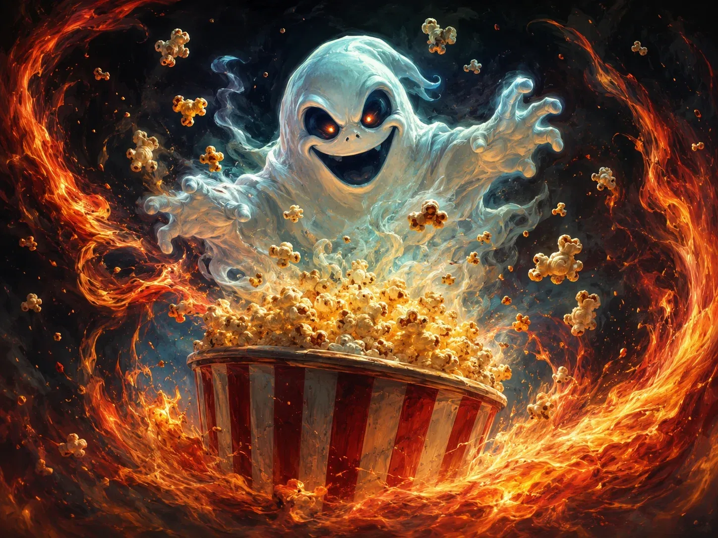 AI image submission by Katia Adolphe for Day 4 - ghost, popcorn, fire