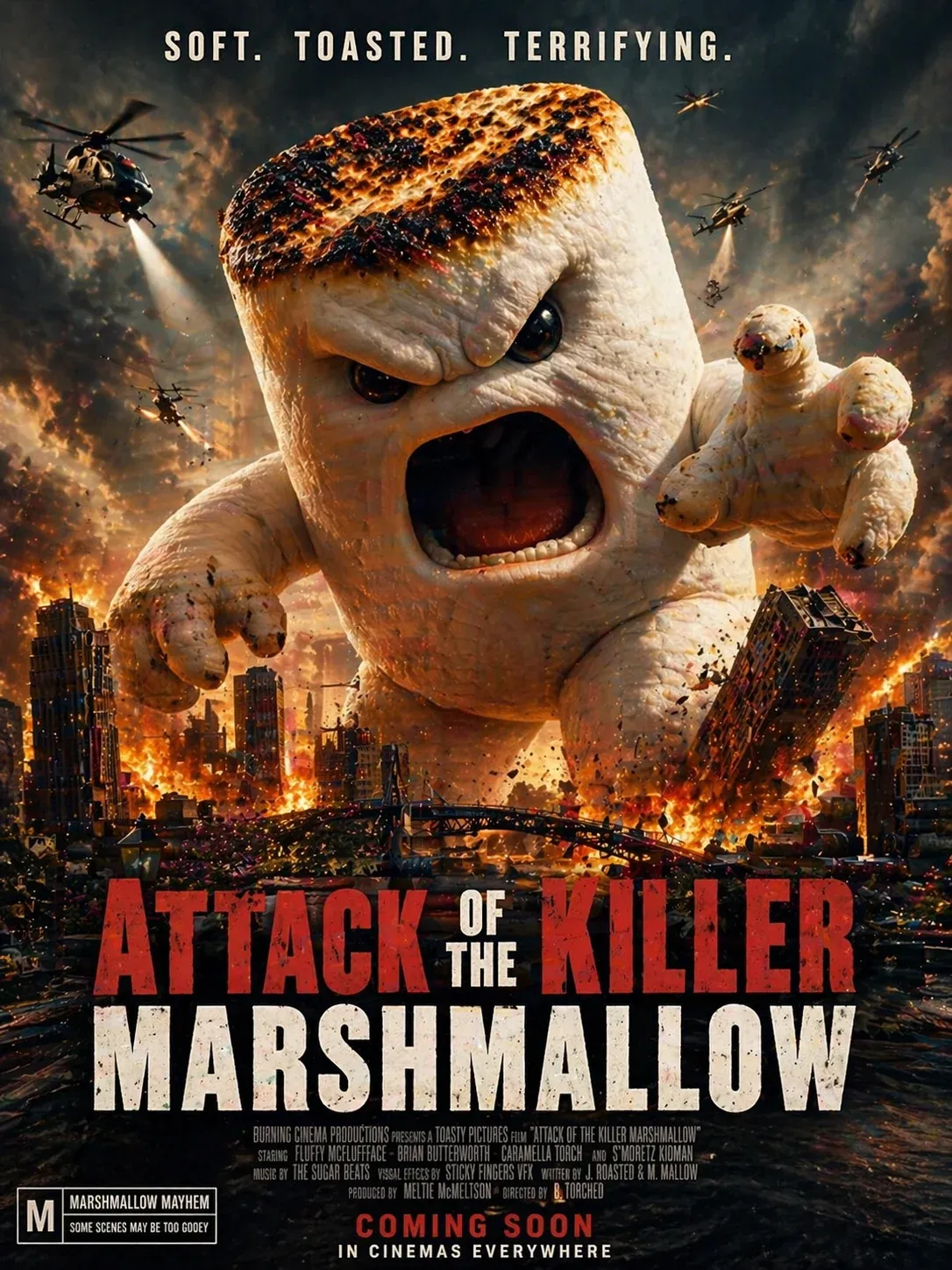 Disaster movie poster Attack of the Killer Marshmallow featuring a giant toasted marshmallow monster screaming with bared teeth, attacking a city skyline as helicopters circle through smoke