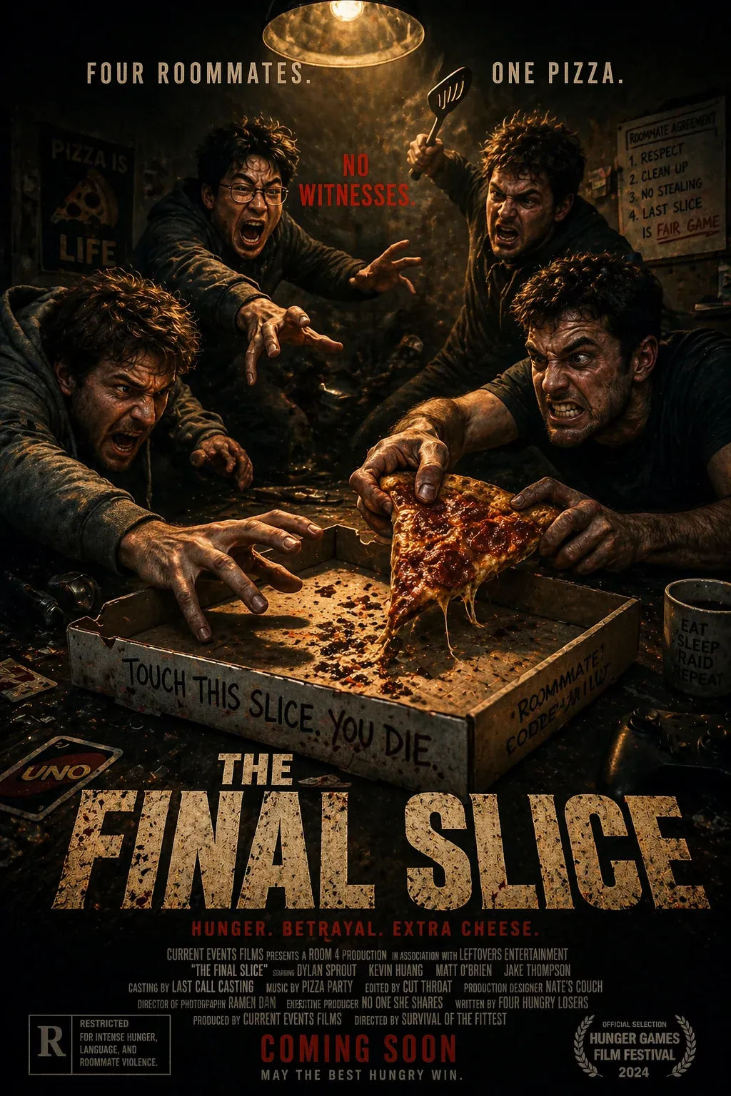 Horror movie poster The Final Slice - Four Roommates One Pizza, four screaming young men reaching for the last slice in a takeaway box on a kitchen floor with red tagline Hunger Betrayal Extra Cheese
