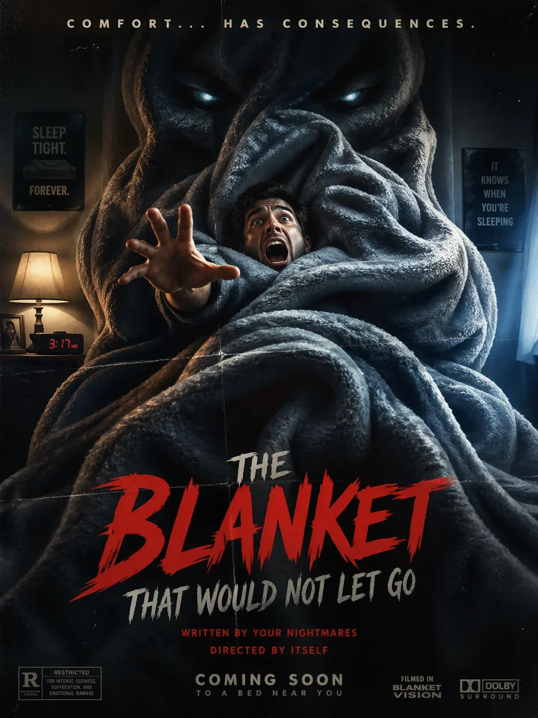 Horror movie poster The Blanket That Would Not Let Go featuring a screaming man being engulfed by a sinister grey duvet with glowing demonic eyes above the bed, tagline Comfort Has Consequences