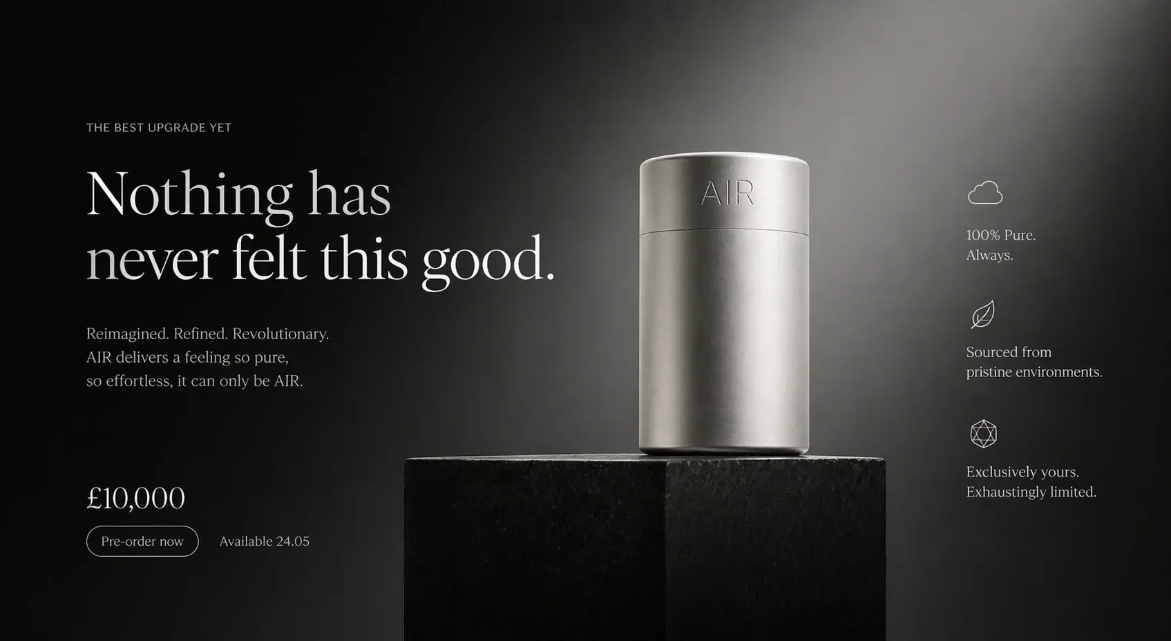 Minimalist luxury advert for a silver canister of premium air labelled AIR, priced at 10,000 pounds, with marketing claims 100 percent Pure and Sourced from pristine environments on a dark gradient backdrop