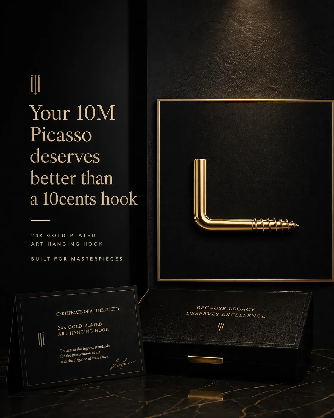 Minimal luxury advert for a 24k gold-plated art hanging hook on a black velvet platform, gold-foil text reading Your 10M Picasso deserves better than a 10 cents hook, mock certificate of authenticity beside it