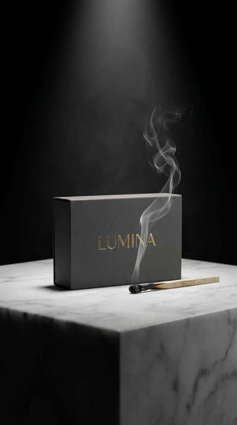 Luxury black product box labelled Lumina on a white marble plinth with a single matchstick burning beside it and a curling wisp of smoke against a dark spotlit studio backdrop
