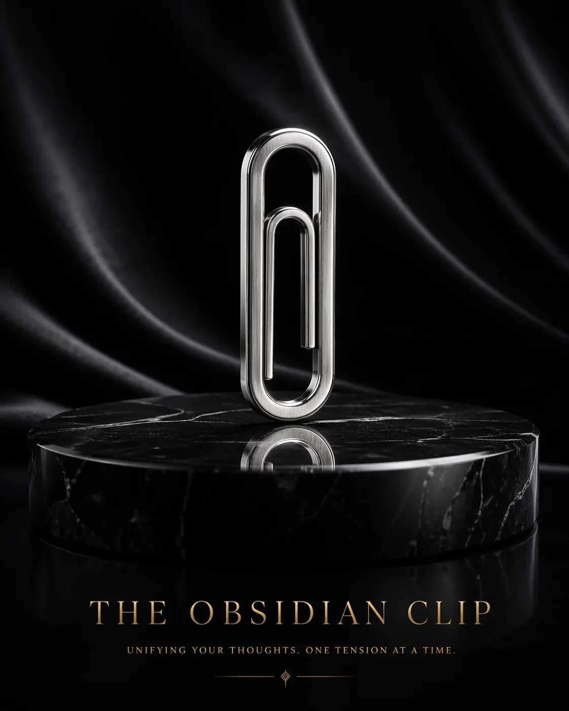 Minimalist luxury advert for The Obsidian Clip - a polished silver paper clip standing upright on a black marble pedestal against a flowing black silk backdrop, gold tagline Unifying your thoughts