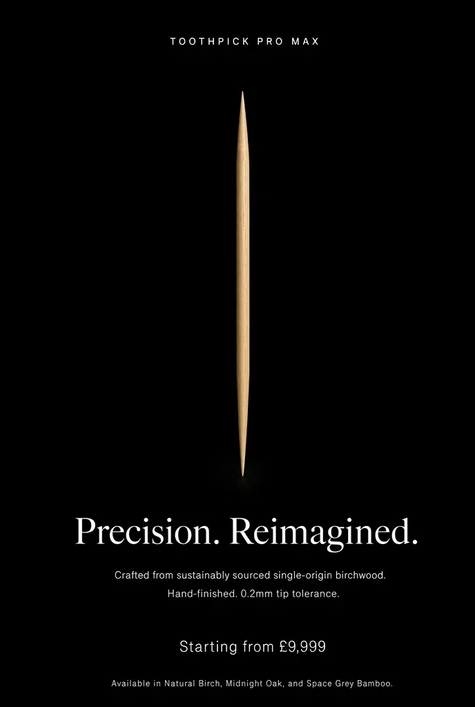 Apple-style luxury minimal product advert for the Toothpick Pro Max - a single wooden birch toothpick centered on a deep black background with serif headline Precision Reimagined and price 9,999 pounds