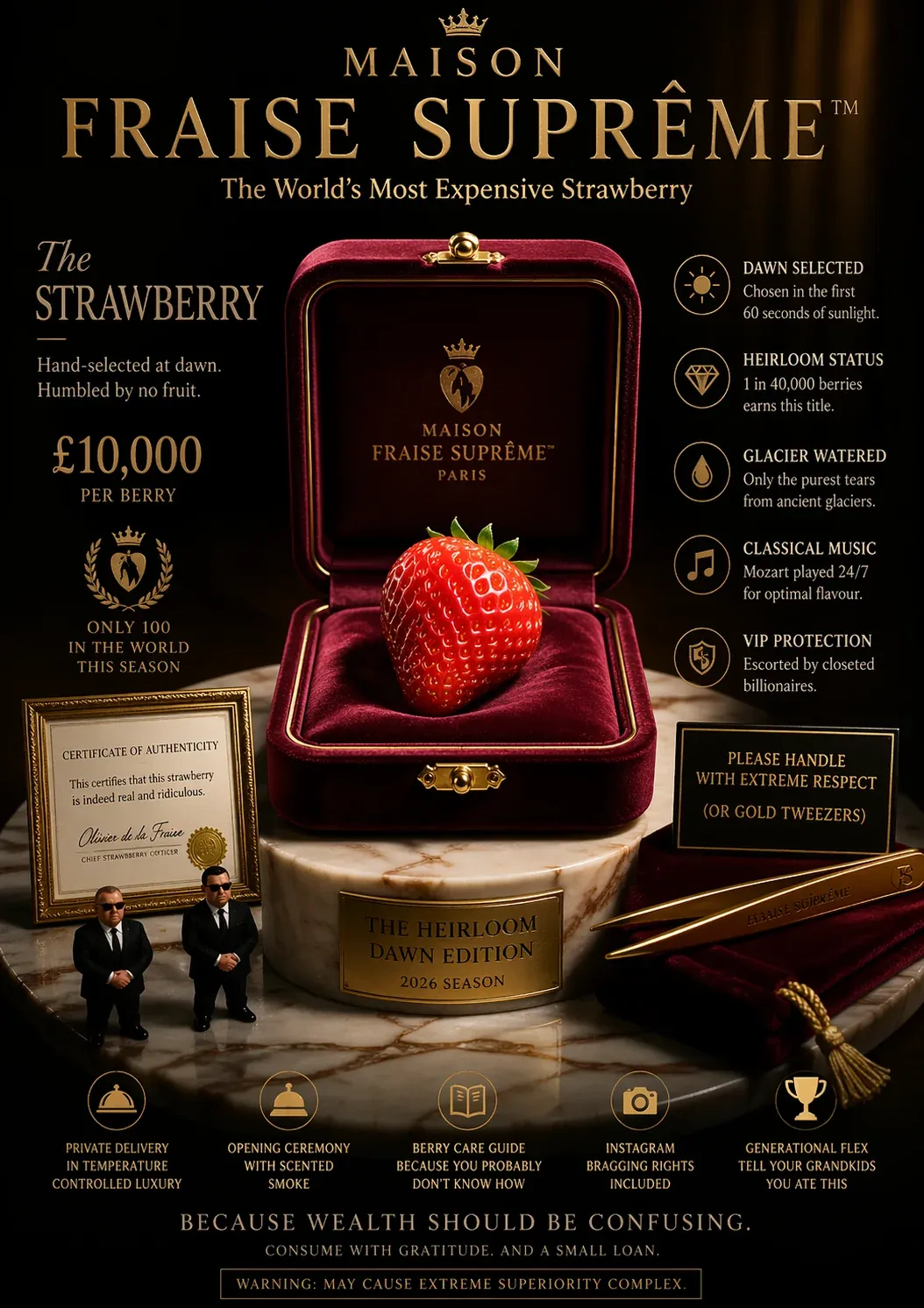 Mock luxury advert Maison Fraise Supreme - The Worlds Most Expensive Strawberry, single strawberry in a red velvet jewellery box with crest, listed at 10,000 pounds per berry with heritage notes
