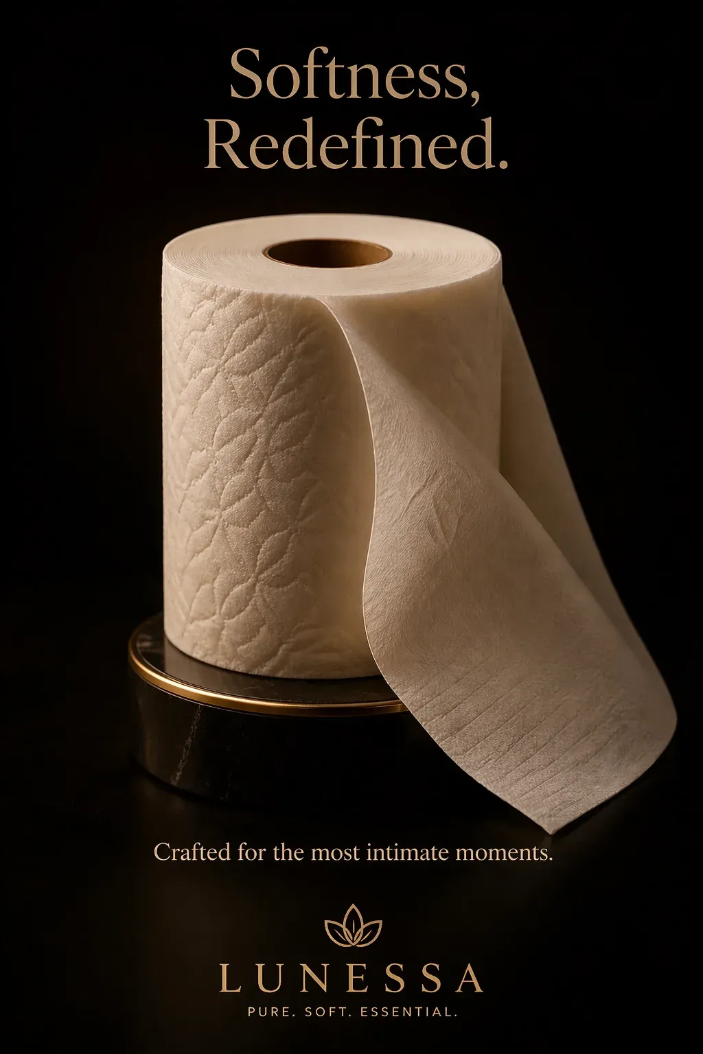 Luxury toilet paper advert Lunessa Pure Soft Essential - quilted cream-coloured roll on a small gold pedestal against a black backdrop, gold serif tagline Softness Redefined Crafted for the most intimate moments
