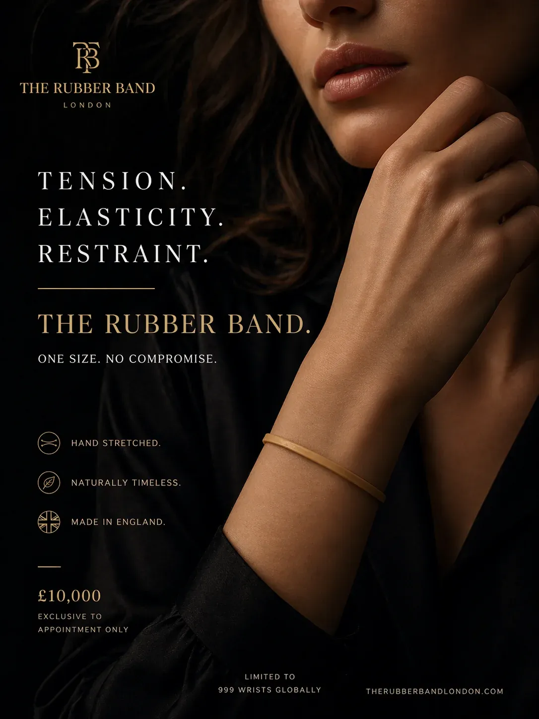 Luxury fashion advert mockup for The Rubber Band London - a single thin rubber band on a womans wrist, headlines Tension Elasticity Restraint and 10,000 pound limited edition