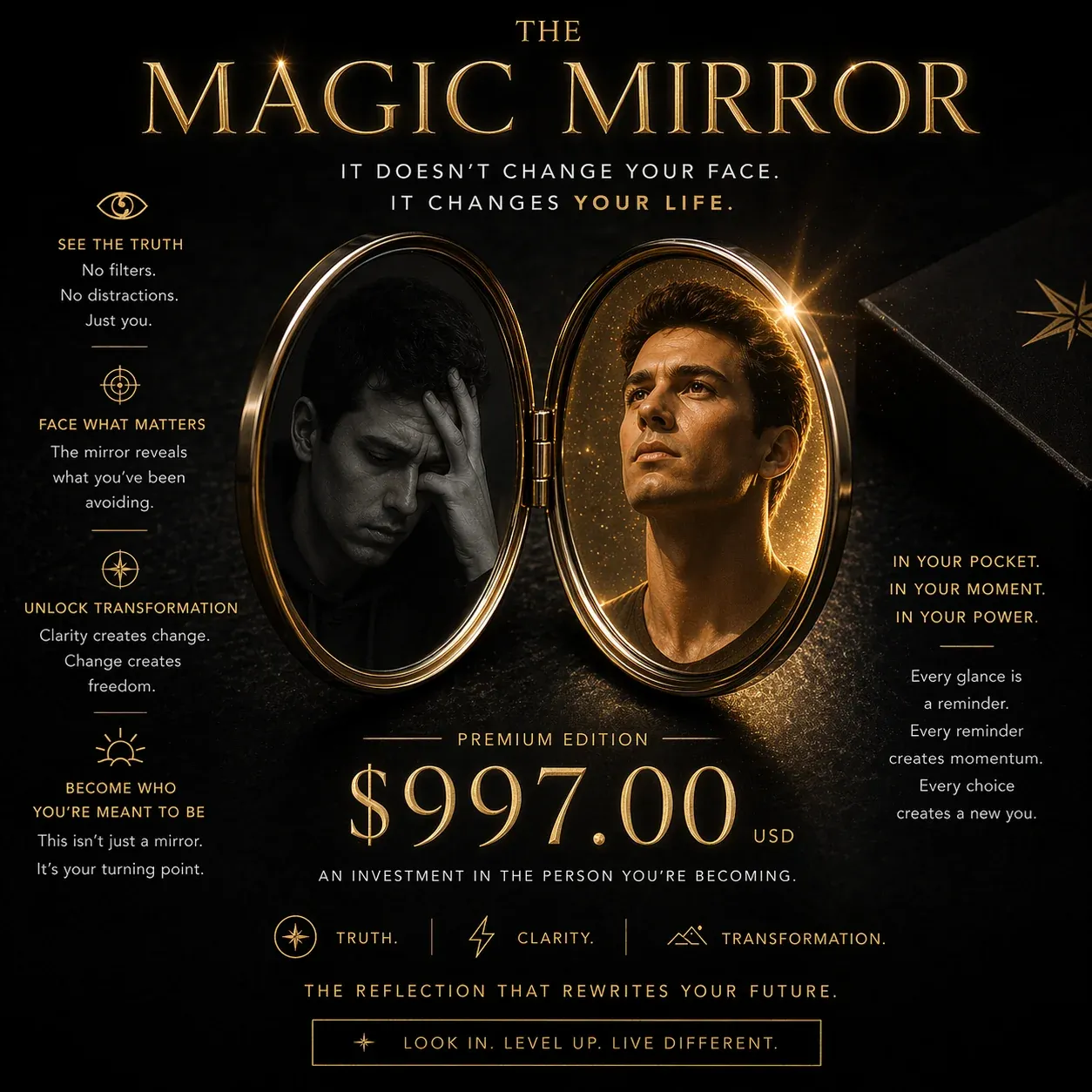 Luxury advert The Magic Mirror Premium Edition at 997 dollars, gold-framed double mirror showing a stressed man on the left and a confident man on the right with marketing copy about transformation