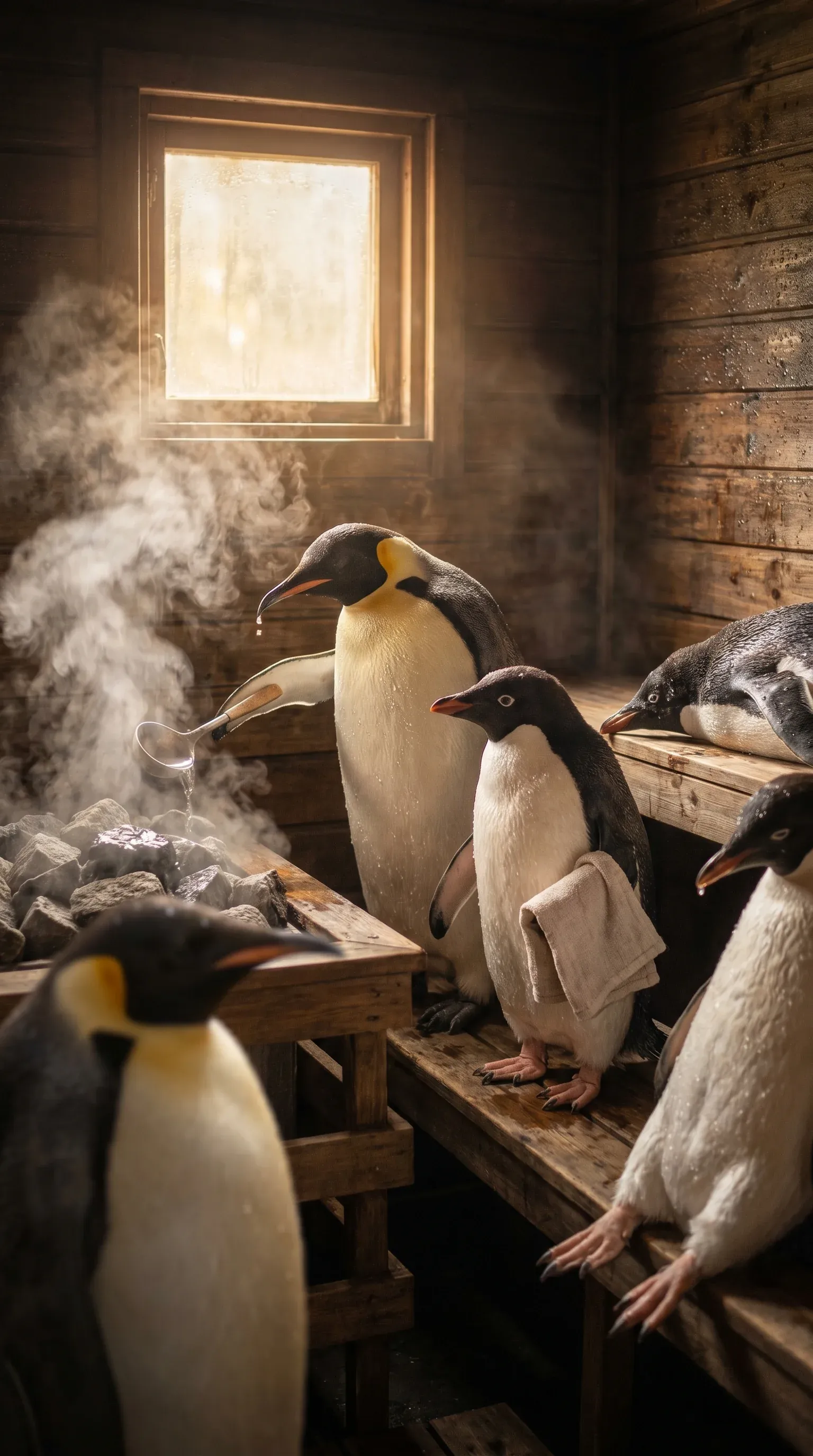 Group of emperor and Adelie penguins relaxing inside a wooden Finnish-style sauna, steam rising from hot rocks as one penguin ladles water onto the heated stones