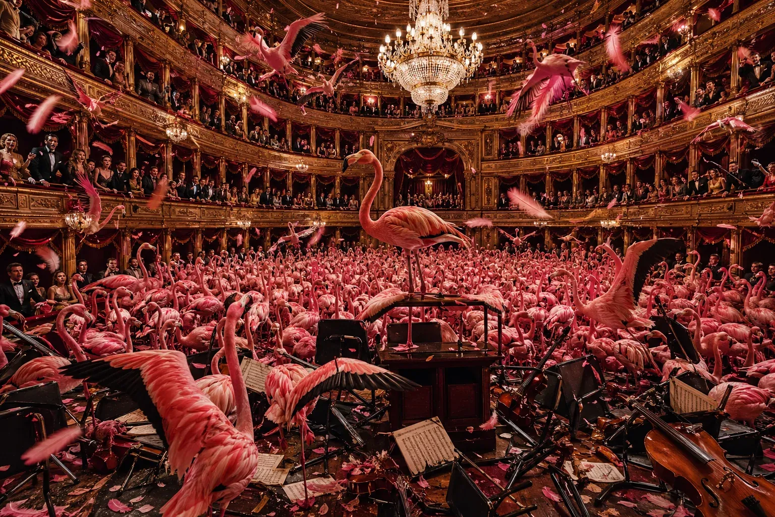 Historic Teatro alla Scala opera house in Milan invaded by hundreds of pink flamingos perched in the gold-trimmed balconies and packed across the stalls under a crystal chandelier