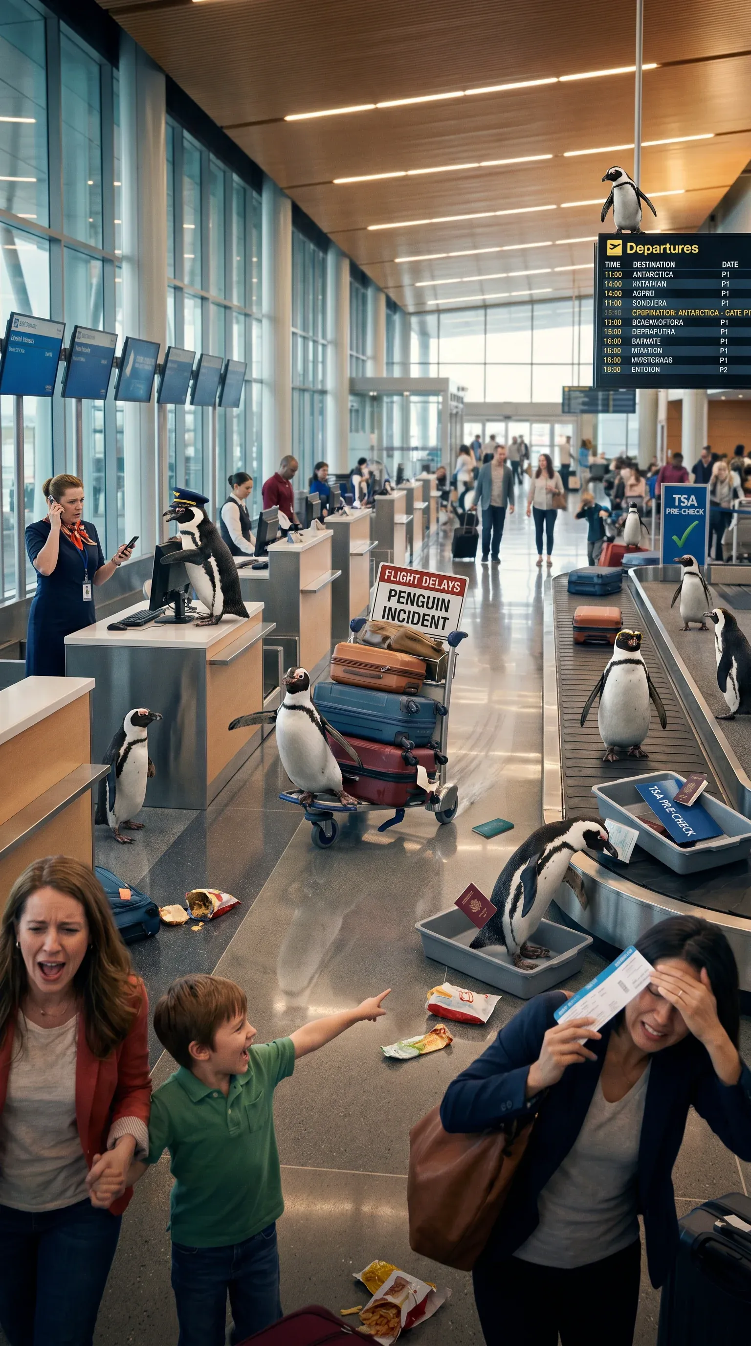 Modern airport terminal taken over by emperor penguins waddling through security and boarding gates, panicked human passengers screaming, departures board showing Flight Delays Penguin Incident
