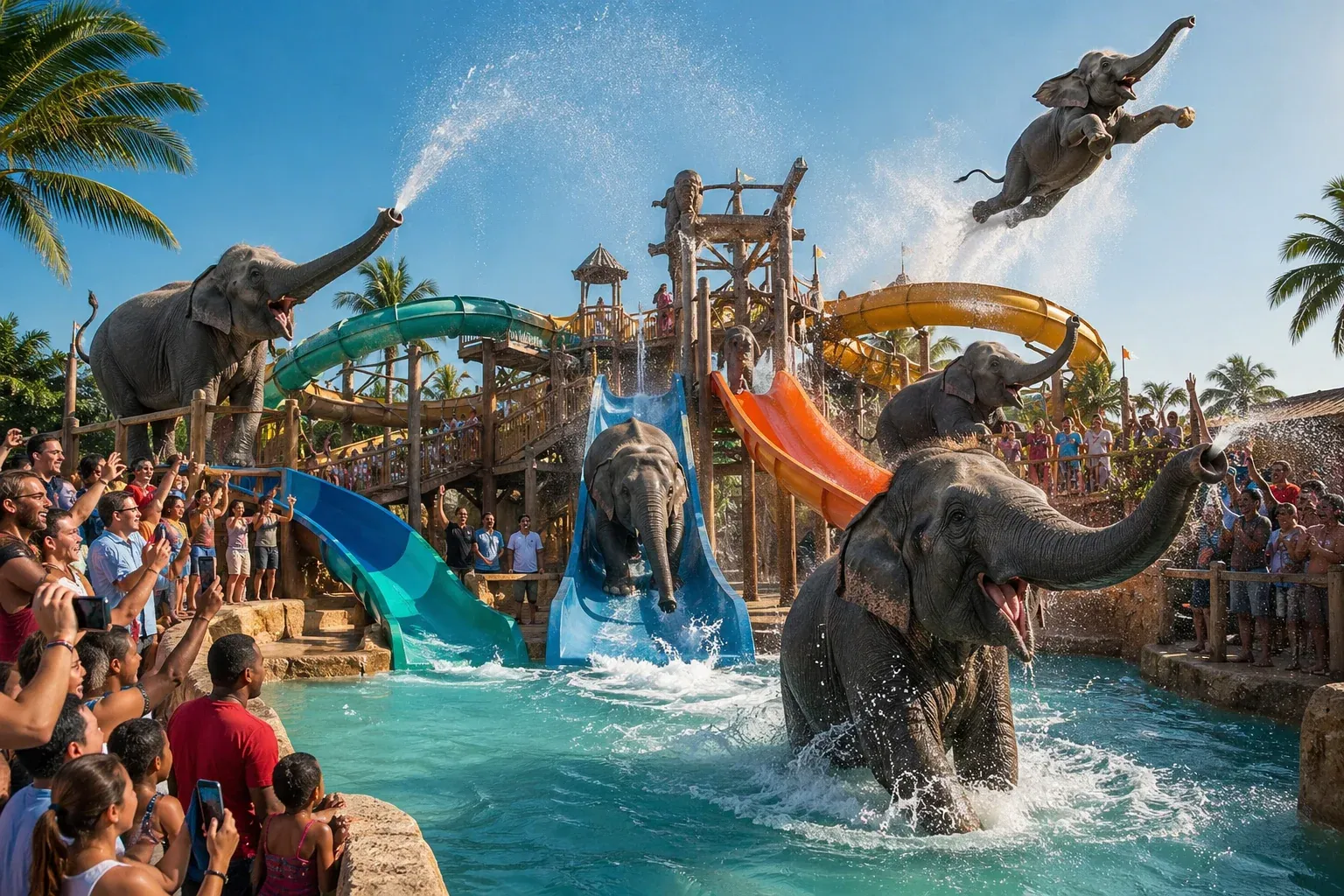 Sunny tropical water park taken over by elephants - one airborne mid-jump off a slide, others spraying water from their trunks at cheering tourists, palm trees and waterslides in the background