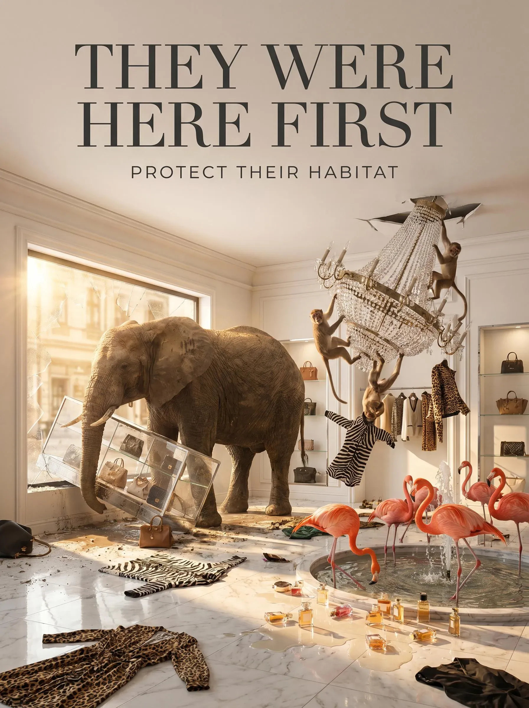 Luxury fashion boutique in chaos as an elephant smashes the glass display case, monkeys swing from a crystal chandelier, pink flamingos wade in a perfume fountain, leopard-print clothes strewn across marble floor