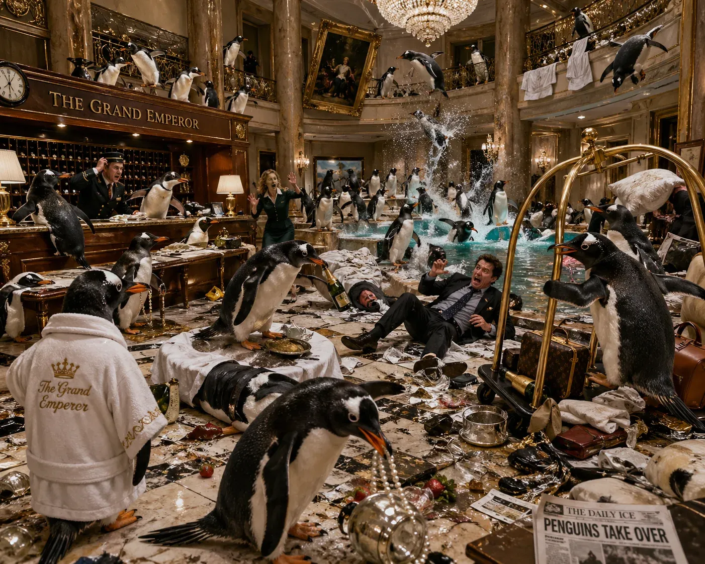 The Grand Emperor luxury hotel lobby overrun by gentoo and emperor penguins splashing in the fountain, climbing tables and standing on the chandelier, newspaper headline Penguins Take Over