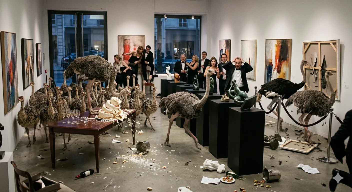 Formal art gallery opening in chaos as a stampede of ostriches knocks over wine glasses and pedestals while well-dressed gallery-goers cower against the white walls, paintings still on display