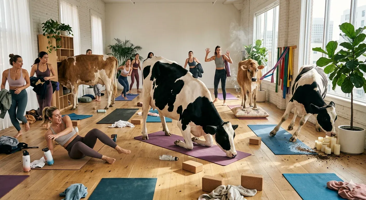 Bright modern yoga studio with multiple Holstein and brown cows standing on yoga mats among female students mid-pose, sunlight streaming through tall windows over wooden floor