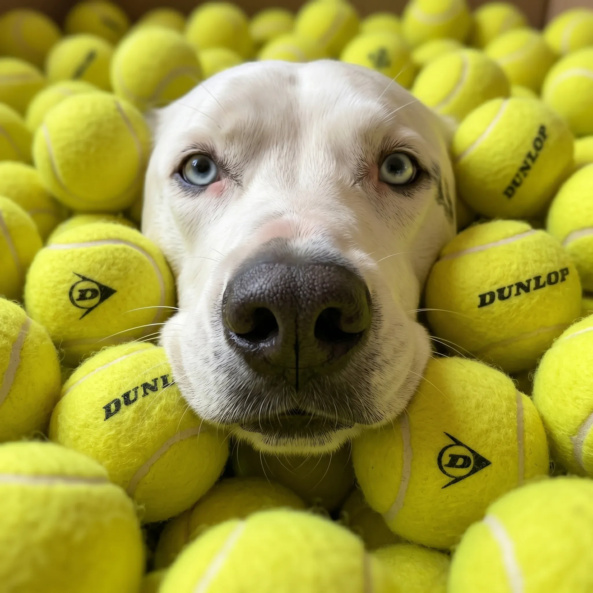 Close-up photoreal portrait of a white Labrador face peeking out from a pile of yellow Dunlop tennis balls, ears flat and eyes wide
