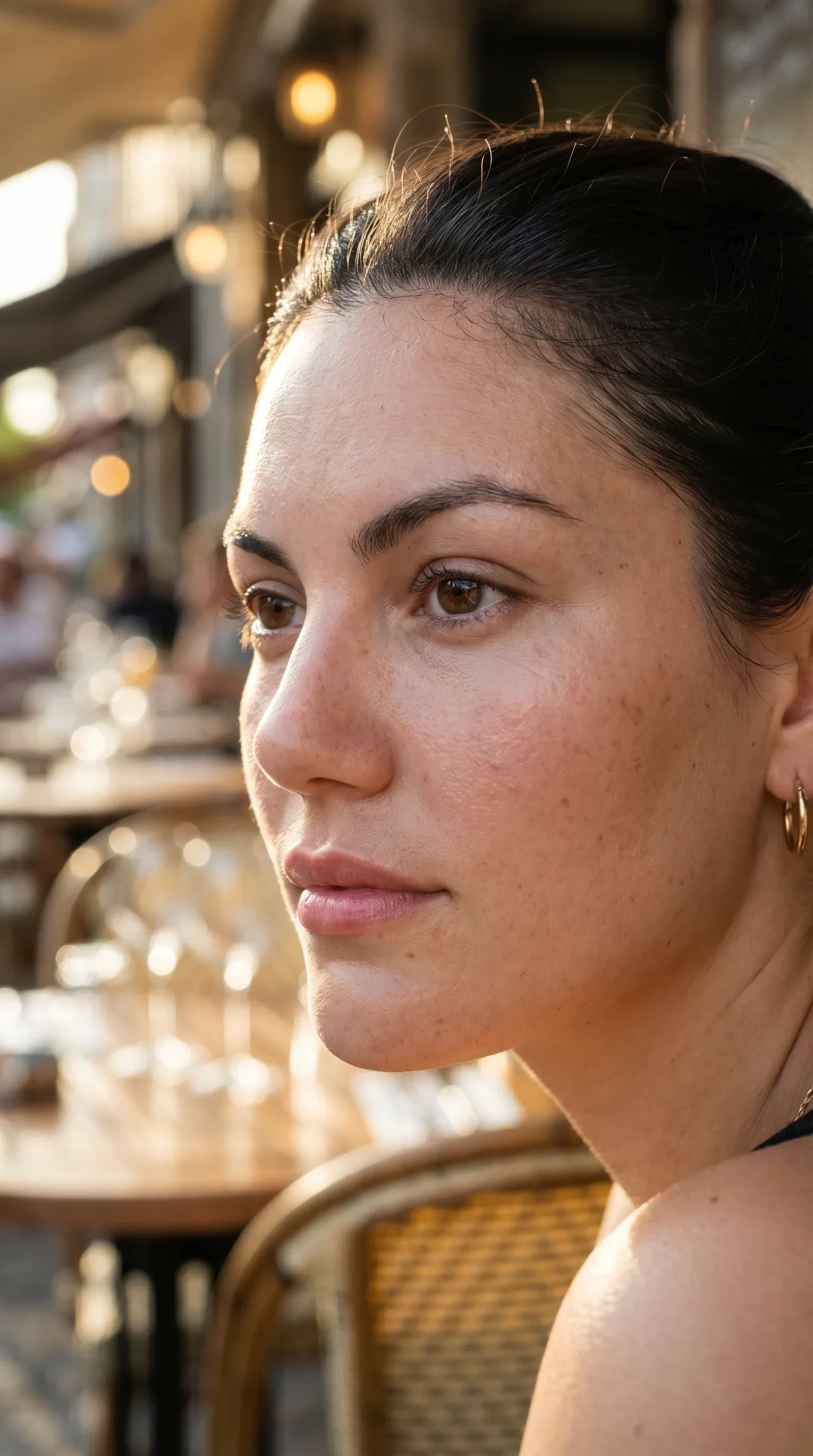 Golden hour photoreal close-up portrait of a young dark-haired woman with freckles wearing a halter top in a Parisian-style cafe terrace, soft string lights bokeh behind