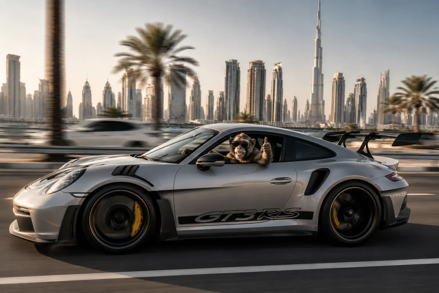 Photoreal chimpanzee waving with one hand from the driver seat of a silver Porsche 911 GT3 RS speeding down a Dubai highway with palm trees and the Burj Khalifa in the background