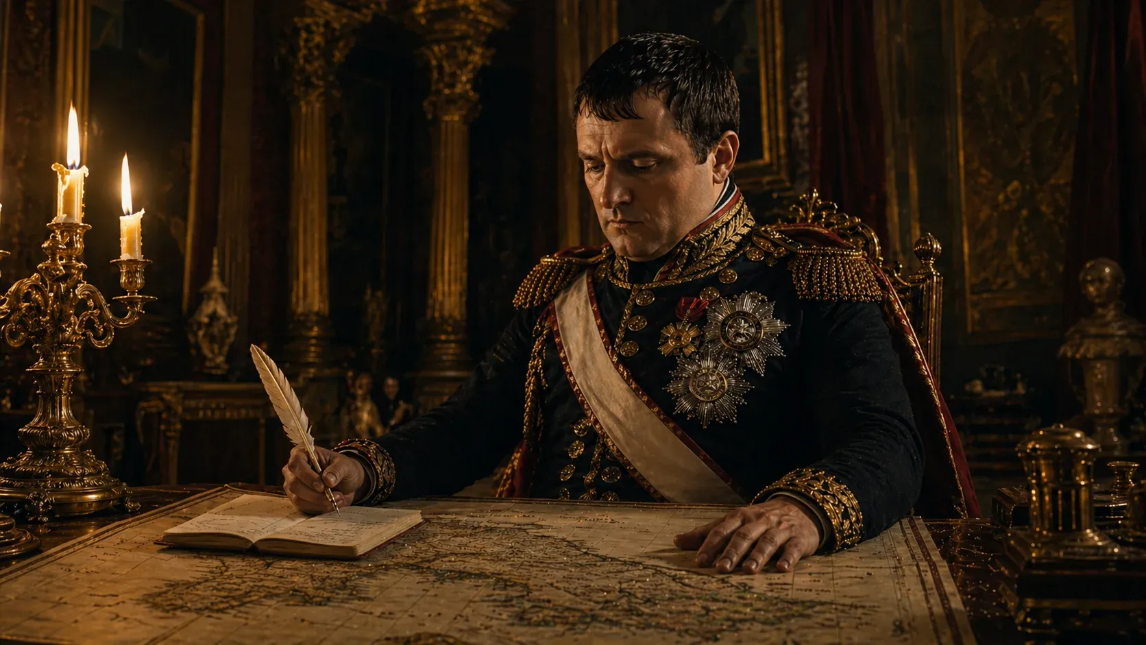 Photoreal candle-lit portrait of Napoleon Bonaparte in full embroidered uniform sash and medals seated at a gilded desk, writing with a feather quill over a parchment map in a baroque chamber