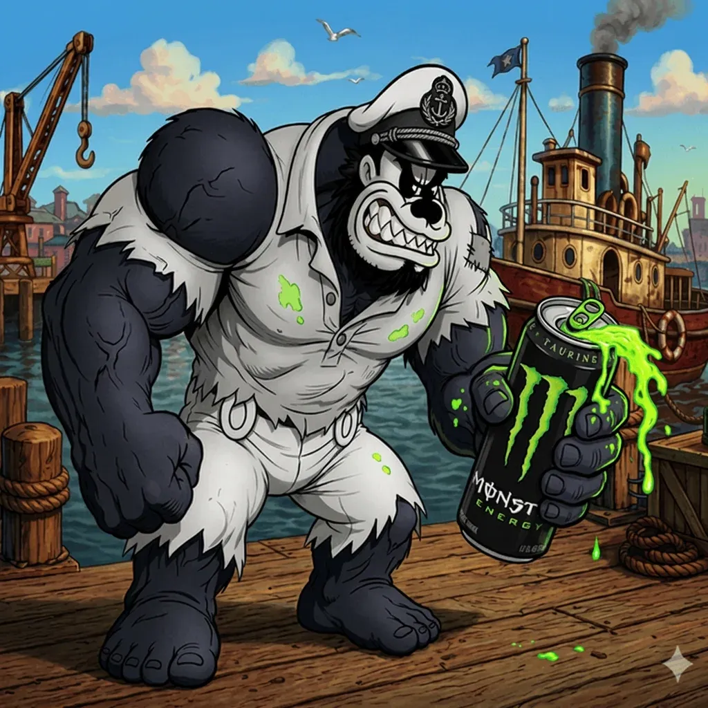 Stylised cartoon poster of a muscular gray gorilla in a white sailor cap and apron holding a green Monster Energy can on a harbour dock with tugboats behind