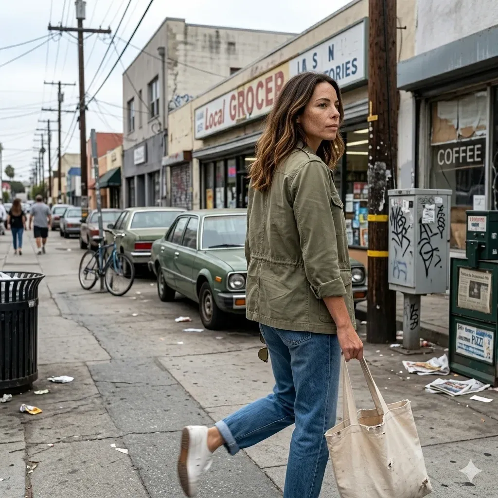 Candid documentary-style photoreal photo of a woman in an olive jacket crossing a graffiti-covered urban side street with a canvas tote bag, vintage 80s parked cars and a Local Grocer storefront