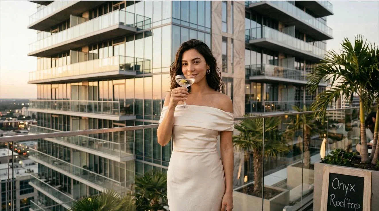 Photoreal portrait of a smiling brunette in a white off-shoulder dress holding a martini at the Onyx Rooftop bar with a glass tower cityscape and palm planters at golden hour