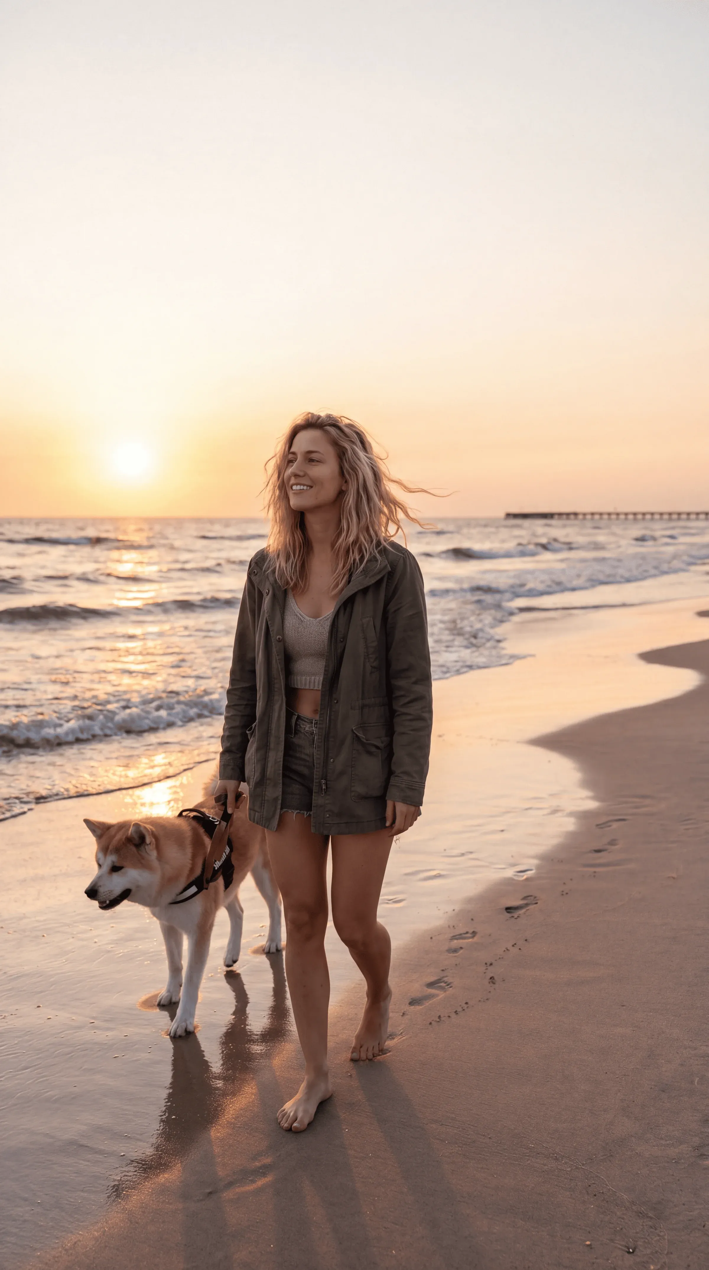 Backlit golden hour photo of a smiling blonde woman in an earth-tone jacket and shorts walking a Shiba Inu dog along a quiet wet-sand beach at sunset with a pier silhouetted in the distance